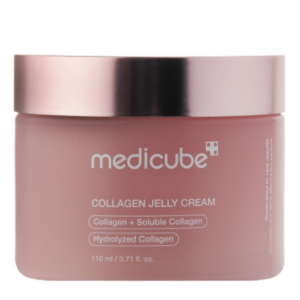 Pot rose givré de la Medicube Collagen Jelly Cream 110 ml avec couvercle métallisé, formulée avec collagène soluble et hydrolysé